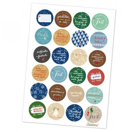 24 Weihnachts Best of - Aufkleber, 24 unterschiedliche runde Sticker für Geschenke, Weihnachtsdeko etc., 4cm rund