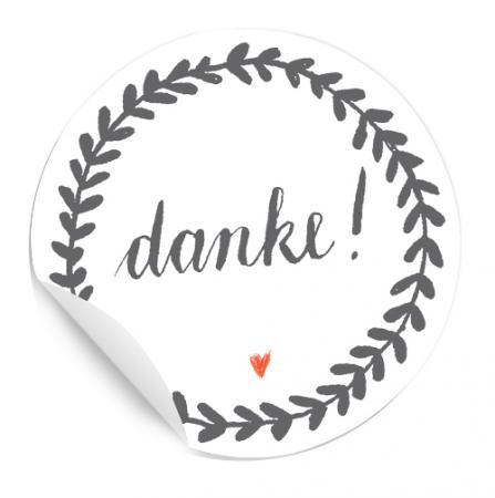 Danke - 24 matte Dankeschön Sticker in Grau Weiß, für Gastgeschenke, Etiketten für Hochzeit und Danksagungen rund 40 mm im Tusche Design mit kleinem roten Herzchen