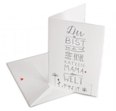 Muttertagskarte für die allerbeste Katzenmama | Grußkarte mit Umschlag zum Muttertag, Geburtstag | Weiß Grau mit Blumen, Handlettering Bütte