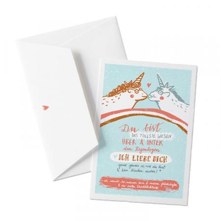 Valentinskarte  mit liebenden Einhörnern - Du bist das tollste Wesen - zum Valentinstag oder als Grußkarte in Hellblau, Büttenpapier + Umschlag