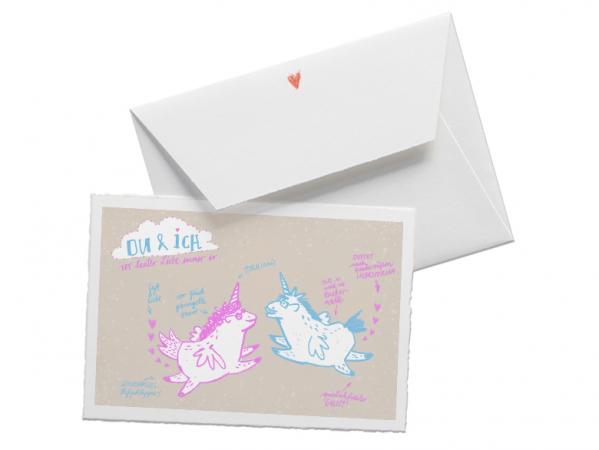 Valentinskarte  mit liebenden Einhörnern - Du & ich vor lauter Liebe immer so - zum Valentinstag oder als Grußkarte in Beige mit Pink, Blau und Weiß, Büttenpapier + Umschlag