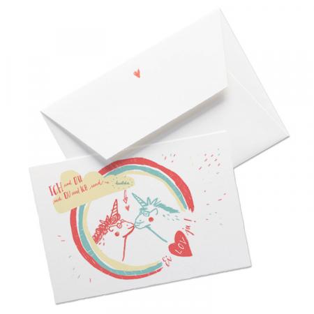 Valentinskarte  mit liebenden Einhörnern - Ei lov ju - zum Valentinstag oder als Grußkarte Büttenpapier + Umschlag