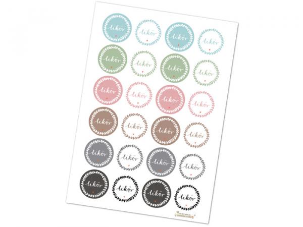 24 matte Etiketten für selbstgemachten Likör, Pastell Mix im schönen Tusche Design für Likör, Schnaps, Selbstgebranntes, als Gastgeschenk zur Hochzeit, Mitbringsel, Geschenk, 4mm rund