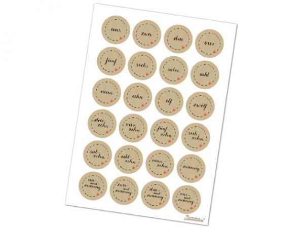 Zahlensticker Adventskalenderzahlen Kraftpapier Optik beige braun 4cm