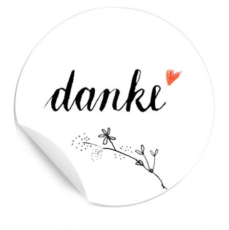 Danke - 24 matte Dankeschön Sticker, für Gastgeschenke, Etiketten für Hochzeit und Danksagungen rund 40 mm, Schwarz Weiß Design mit kleinem roten Herzchen