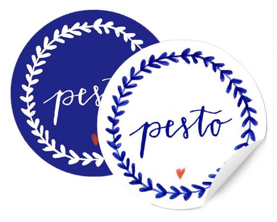 24 matte Etiketten für selbstgemachtes Pesto, Blau Weiß im schönen Tusche Design für Chutney, Eingelegtes, Geschenke, Gastgeschenke, Mitbringsel, Einmachgläser, 4mm rund