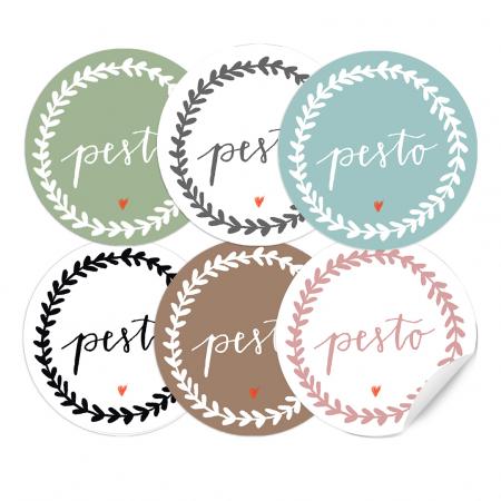 24 matte Etiketten für selbstgemachtes Pesto, Pastell Mix im schönen Tusche Design für Chutney, Eingelegtes, Geschenke, Gastgeschenke, Mitbringsel, Einmachgläser, 4mm rund