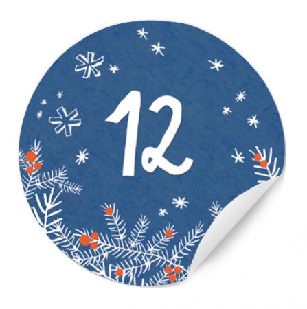 24 blaue Adventskalenderzahlen mit Sterne und Zweigen, selbstklebende Sticker zum Adventskalender basteln, rund, 40mm