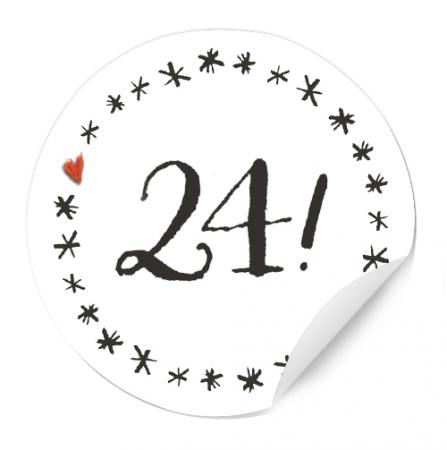 24 schlichte Adventskalenderzahlen für Erwachsene - klassisches Schwarz Weiß Kalligrafie Design mit Sternchen, runde Sticker, 4 cm