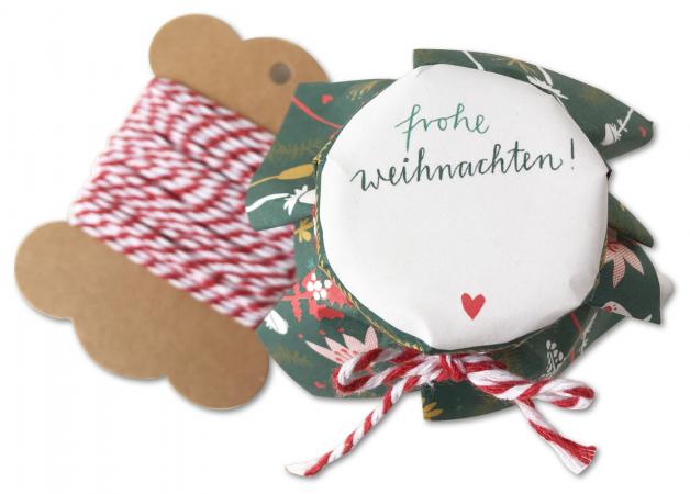 Marmeladendeckchen für selbstgemachte Marmelade als Weihnachtsgeschenk mit Aufschrift: Frohe Weihnachten