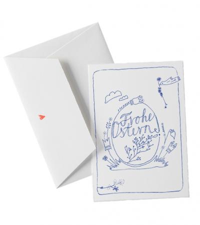 Ostergrußkarte - Frohe Ostern - Büttenkarte zu Ostern, filigrane Kalligrafie Design Grußkarte in Blau Weiß