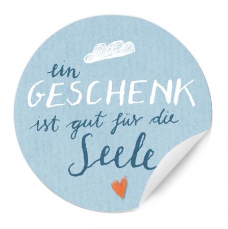 Ein Geschenk ist gut für die Seele Geschenkaufkleber Gastgeschenk hellblau mit Wolke & Herz