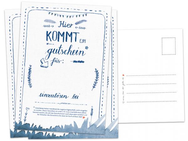Hier kommt ein Gutschein für: ... Gutscheinkarte zum Selbst beschriften in schönem Vintage Design Blau Postkarten Set Hochzeitsspiel Partyspiel