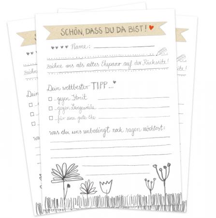 Hochzeitsspiel: Schön, dass du da bist - Handlettering Design - Postkarten Spiel im Bleistift Look mit Blumen, 3-100 Stück