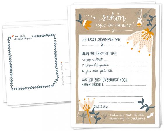 Hochzeitsspiel für Gäste | 52 Schön, dass du da bist Postkarten, Recyclingpapier | Spiel mit Fragen & zum Zeichnen | florales vintage Design, Beige