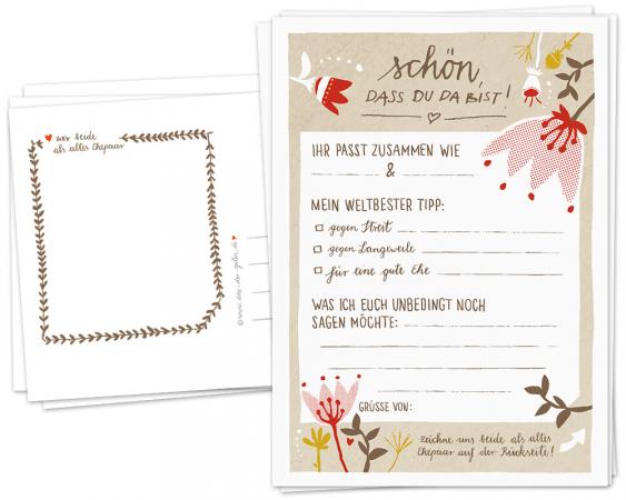 Hochzeitsspiel für Gäste | 52 Schön, dass du da bist Postkarten, Recyclingpapier | Spiel mit Fragen & zum Zeichnen | florales vintage Design, Creme
