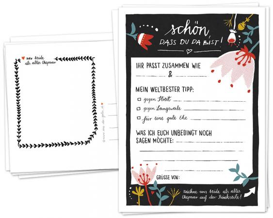 Hochzeitsspiel für Gäste | 52 Schön, dass du da bist Postkarten, Recyclingpapier | Spiel mit Fragen & zum Zeichnen | florales vintage Design, Bunt