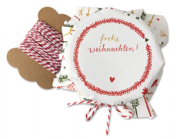 25 Marmeladendeckchen - Frohe Weihnachten! | Gläserdeckchen Weiß mit Blumen für Marmelade | Recyclingpapier Abreißblock, 10 m Bakers Twine, Justiergummi