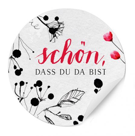 Schön dass du da bist! - im Tusche Design - Schwarz Pink - 24 Gastgeschenk Sticker, rund, für die Hochzeit