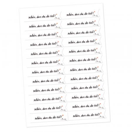 Gastgeschenk Sticker - Schön dass du da bist! | 24 Wimpel Aufkleber im Handlettering Design | Schwarz Weiß | Tischdeko für Hochzeit & Party