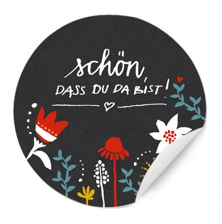 Schön, dass du da bist Sticker für Hochzeit Gastgeschenke mit Blumen, Schwarz Weiß Bunt