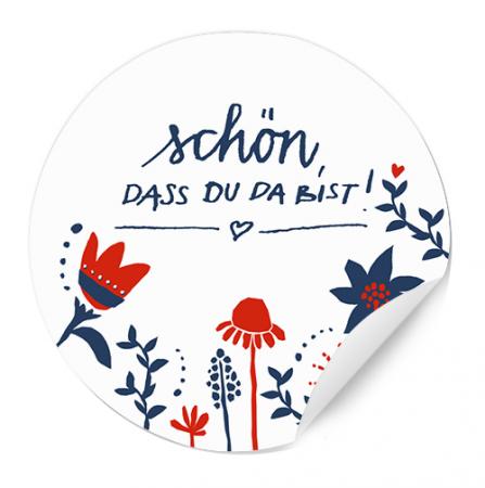 24 Gastgeschenk Sticker - Schön dass du da bist! | WEISS BLAU ROT | Vintage Blumen Design | florale Tischdeko Aufkleber für Hochzeit, Taufe, Party