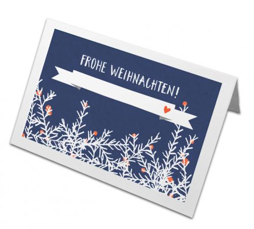 Tischkarten - Frohe Weihnachten! - Blau mit Tannenzweigen & Beeren, als Tischdeko für eure Weihnachtsfeier