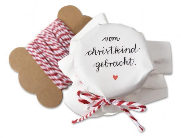 Marmeladendeckchen für selbstgemachte Marmelade als Weihnachtsgeschenk mit Aufschrift: Vom Christkind gebracht.