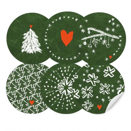24 Weihnachtsdeko Aufkleber - Grün Weiß Tafellook - runde Sticker im verspielten Design, gemischt, 6 Motive, 4 cm