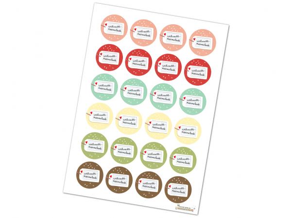 24 Etiketten für Weihnachts - Marmelade Pastell Mix, 24 runde Sticker in 6 Farben für selbstgemachte Marmelade, Weihnachtsgeschenke, Mitgebsel etc., 4cm rund