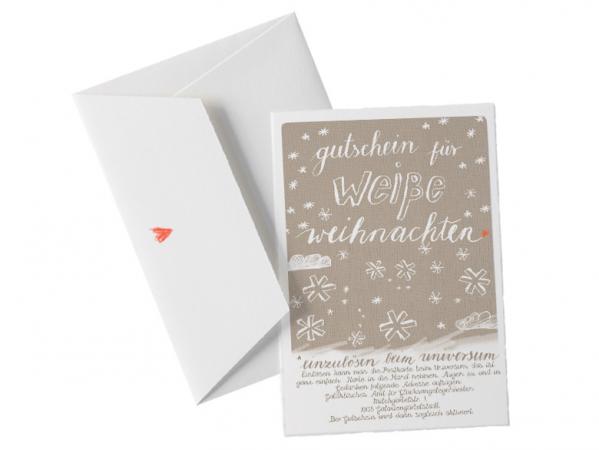 Weihnachtskarte witzig Gutschein für weiße Weihnachten hellbraun retro Büttenpapier