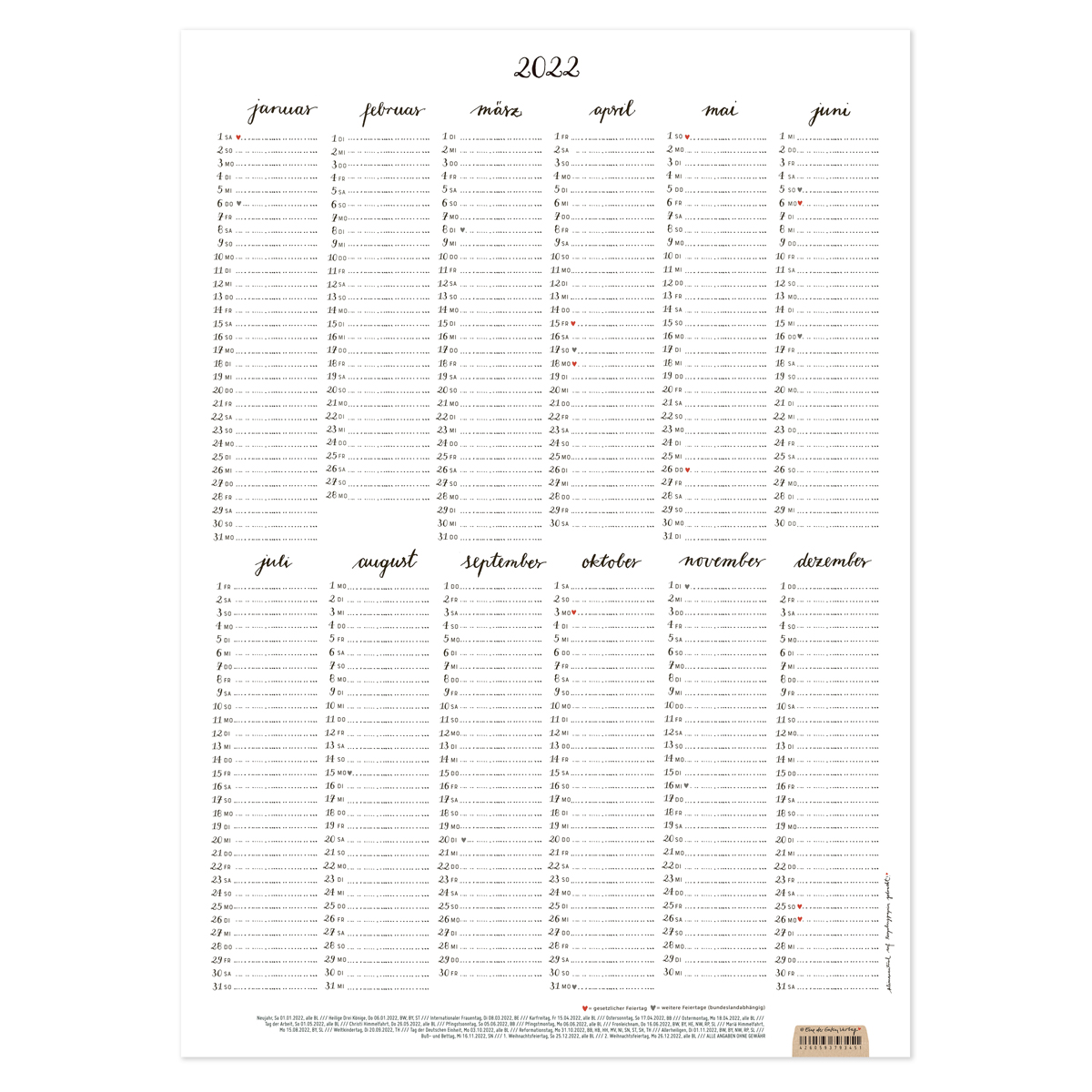 Jahresplaner 2022 Wandkalender A3 Jahresplaner 2022 Wandkalender A3