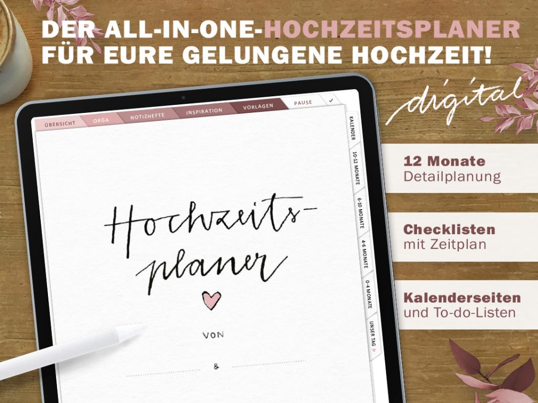 Digitaler Hochzeitplaner & Notizbuch mit vielen Checklisten und Zeitplan