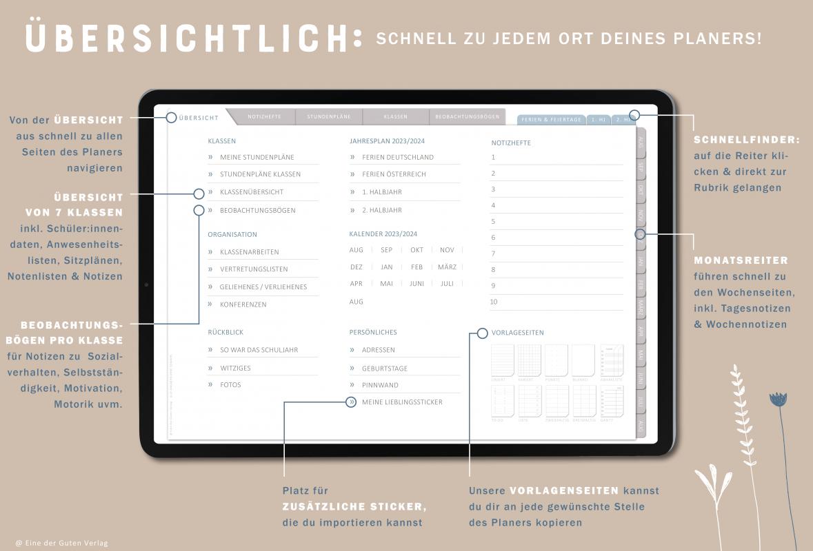 Digitaler Terminkalender 2023 2024 für Lehrerinnen & Lehrer für die Unterrichtsplanung, interaktives pdf