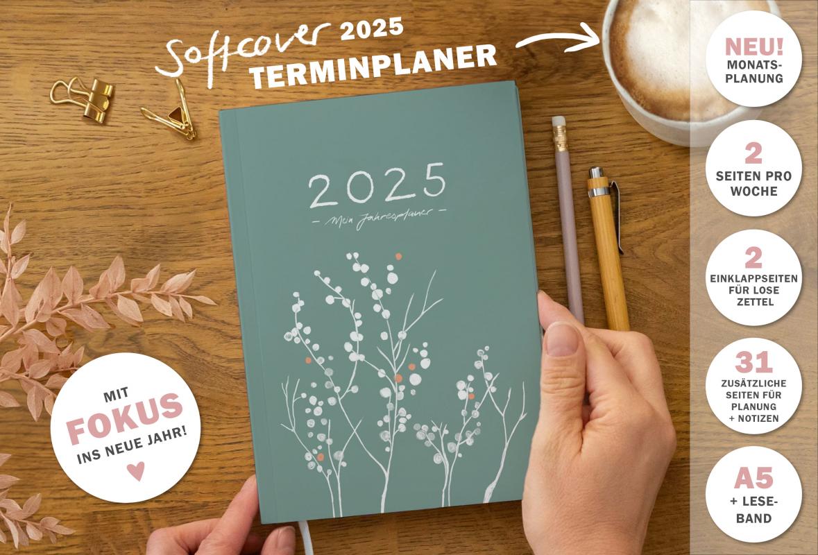 A5 Terminkalender 2025 grün weiß orange mit blanko Seiten liniert für Notizen & Ideen
