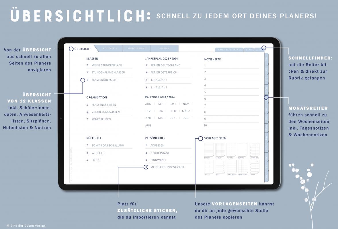Digitaler Terminkalender 2023 2024 für Lehrerinnen & Lehrer für die Unterrichtsplanung, interaktives pdf