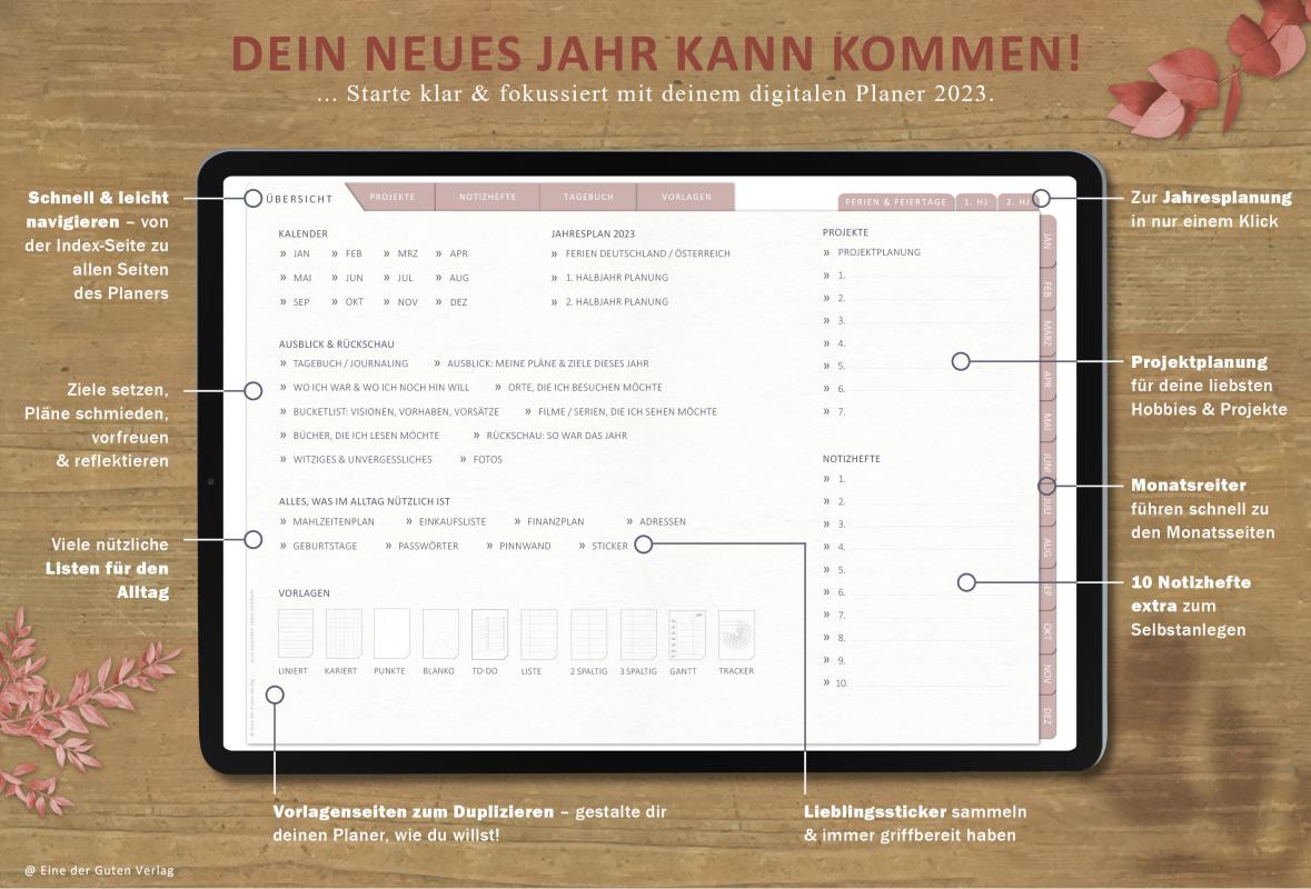 Digitaler Terminkalender 2023 für Arbeit & Freizeit, interaktives pdf im Blumen Design