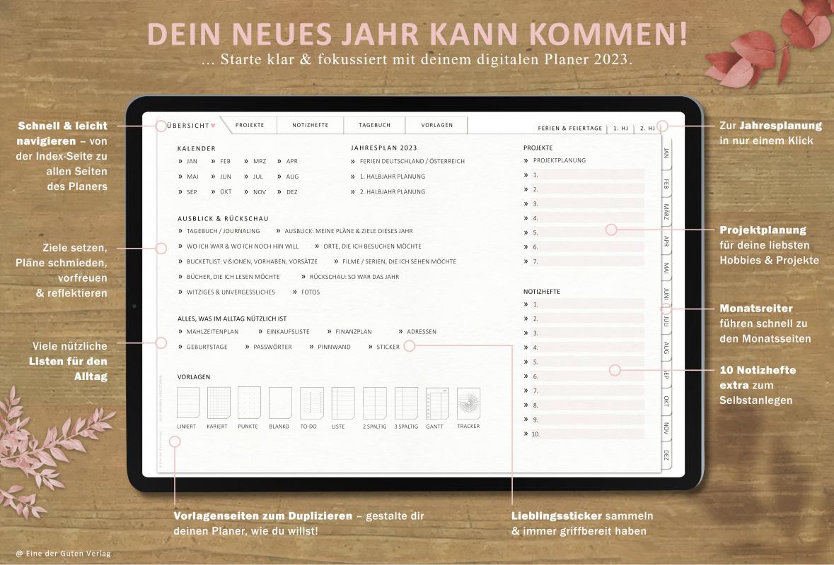 Digitaler Terminkalender 2023 für Arbeit & Freizeit, interaktives pdf im Herz Design