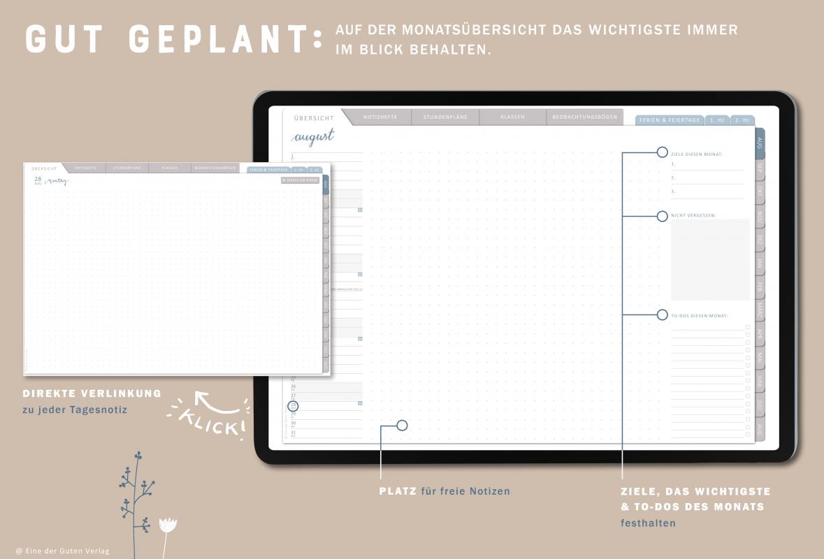 Detailansicht Wochenplanung, digitaler Lehrerkalender 2023 2024 mit extra Notizseiten für jeden Tag und jede Woche