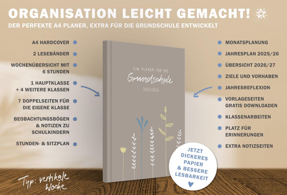 Terminkalender für GrundschulLehrerinnen & Lehrer, Schuljahr 2025 2026, mit Stundenplan, Klassenliste und Planungshelfer