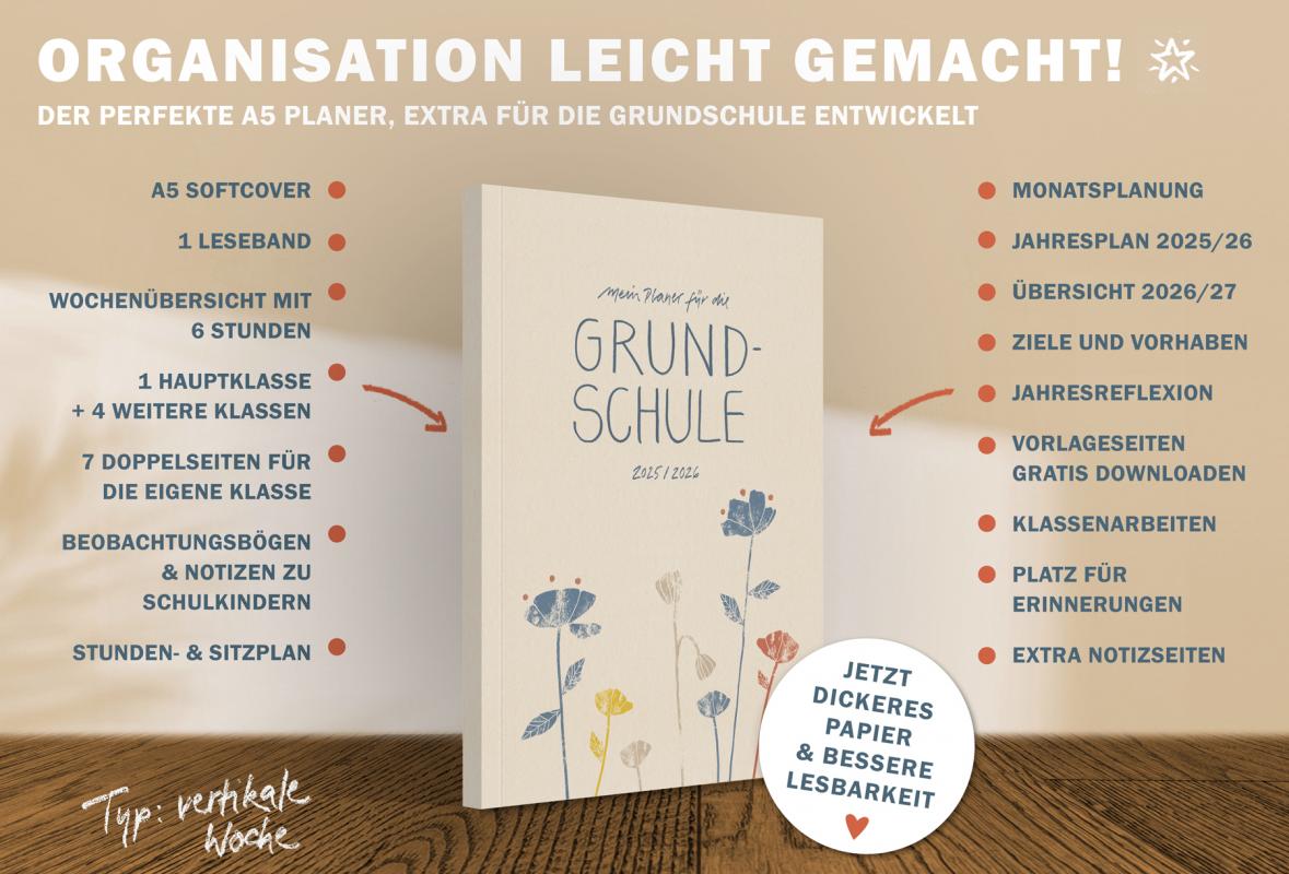 Lehrerkalender 2025 2026 beige blau mit Blumen mit Planungshelfer für Unterrichtsvorbereitung und Schuljahr Planung