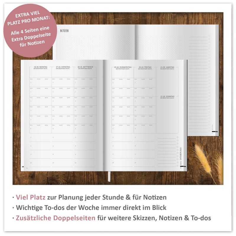 Lehrerkalender 2023 2024 schwarz weiß mit Planungshelfer für Unterrichtsvorbereitung und Schuljahr Planung