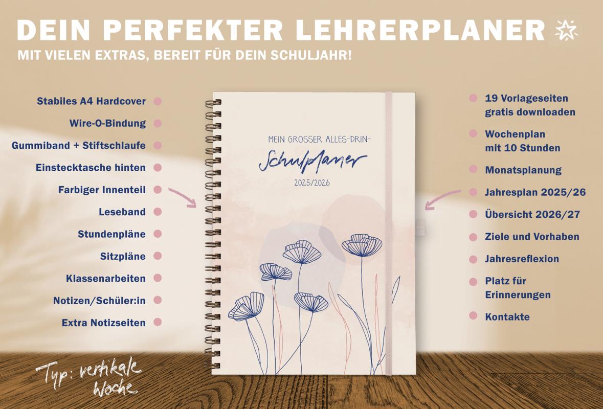 Lehrerkalender 2025 2026 Creme Rosa mit Planungshelfer für Unterrichtsvorbereitung und Schuljahr Planung
