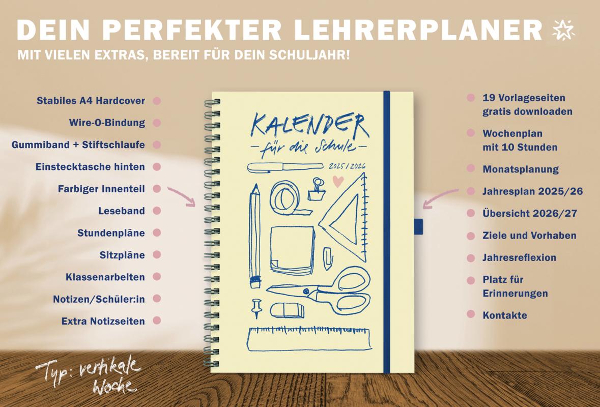 Lehrerkalender 2025 2026 gelb mit rosa herz mit Planungshelfer für Unterrichtsvorbereitung und Schuljahr Planung