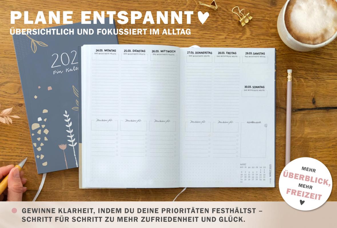Detailansicht Wochenübersicht A5 Terminkalender 2025, blau weiß beige mit Blumen