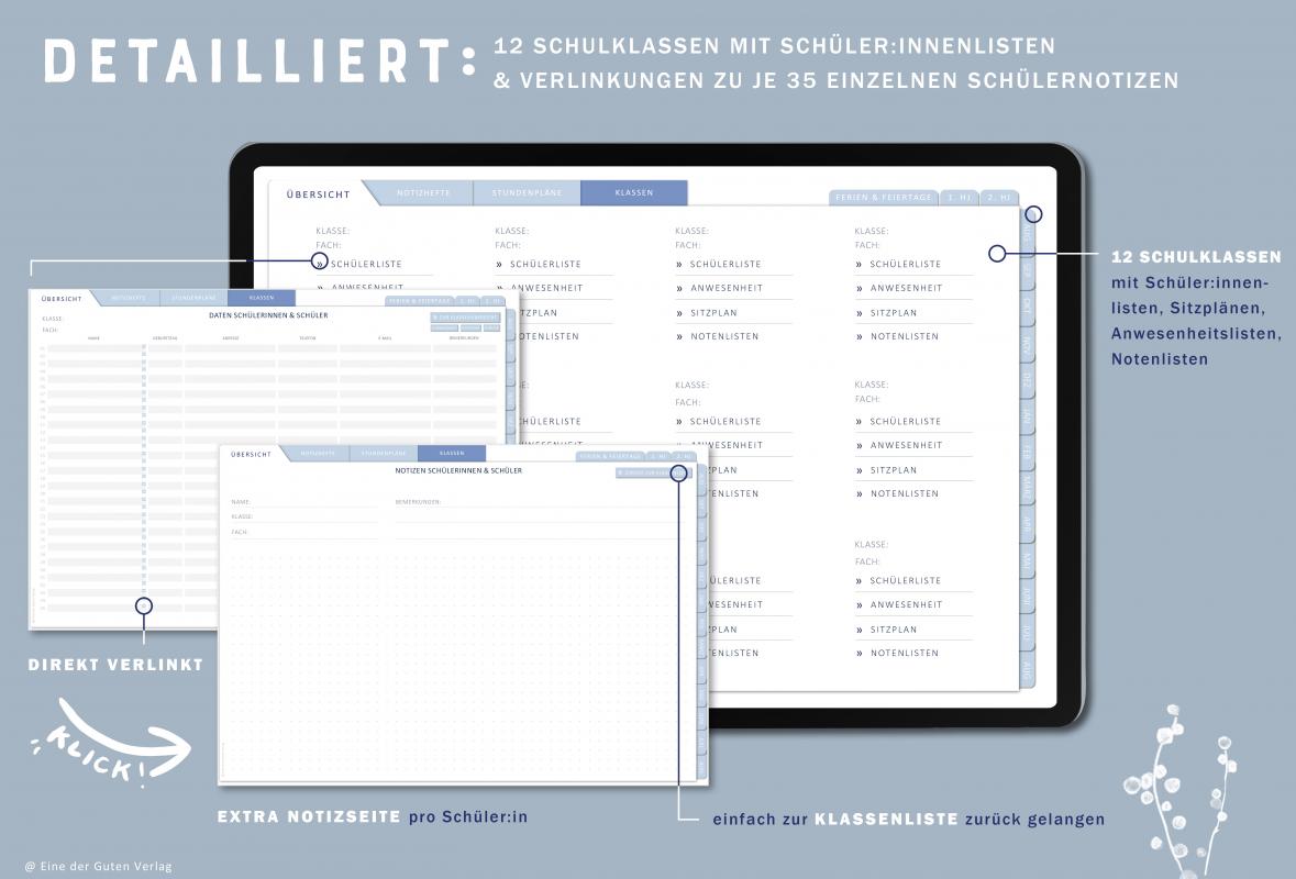Download Terminkalender für Lehrerinnen & Lehrer, Schuljahr 2023 2024, mit Stundenpläne, 9 Klassenlisten für 35 Schüler:innen und weitere Planungshelfer