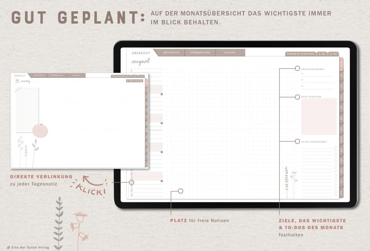 Detailansicht Wochenplanung, digitaler Lehrerkalender 2023 2024 mit extra Notizseiten für jeden Tag und jede Woche
