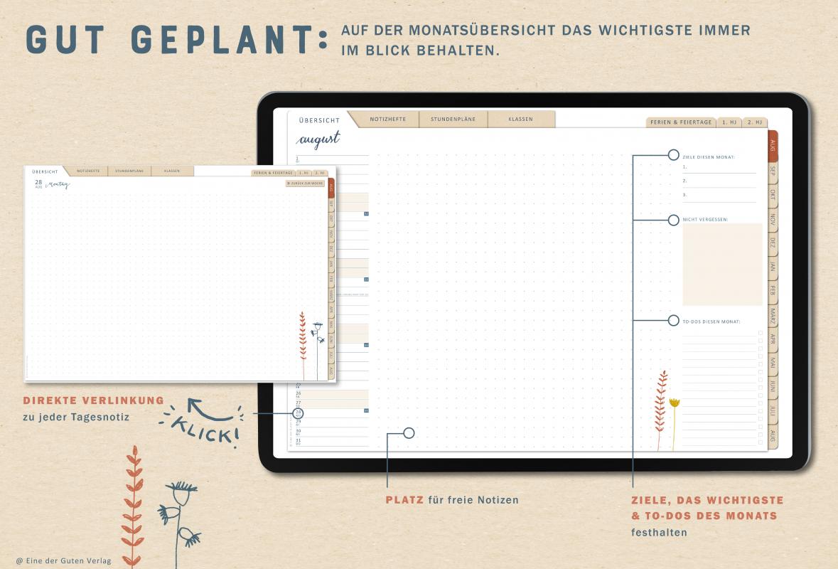 Detailansicht Wochenplanung, digitaler Lehrerkalender 2023 2024 mit extra Notizseiten für jeden Tag und jede Woche