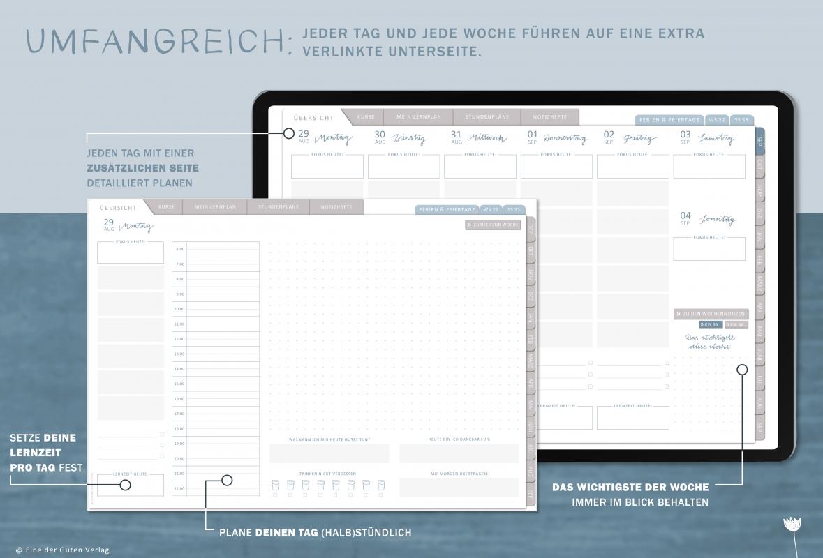 Detailansicht Wochenplanung, digitaler Studienplaner 2022 2023 mit extra Notizseiten für jeden Tag und jede Woche