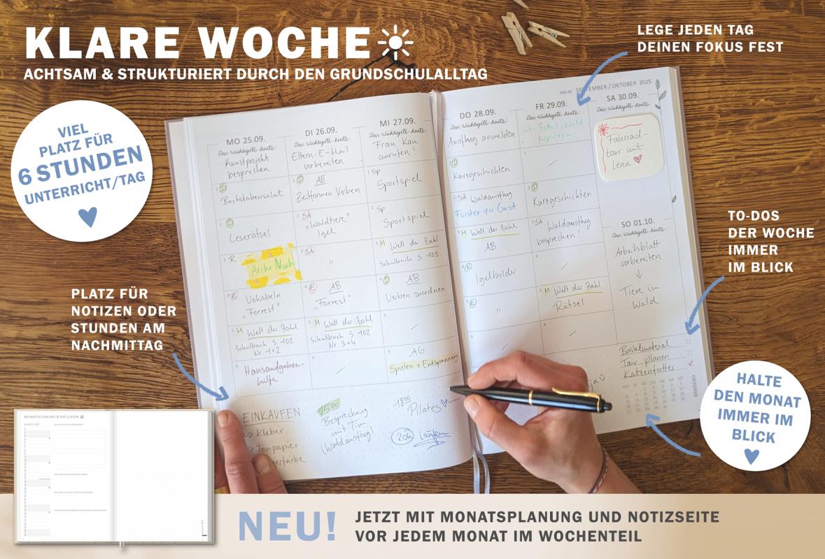 Detailansicht Wochenplanung Lehrerkalender 2025 2026 mit Jahresübersicht, Stundenpläne, Klassenliste, creme beige